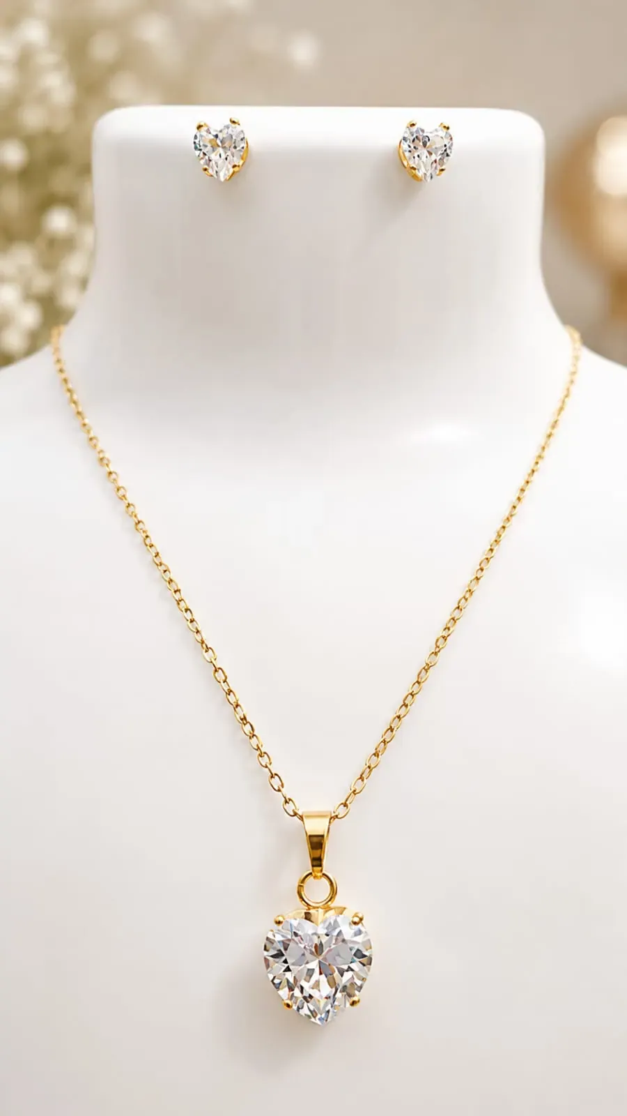 Set corazón cristal transparente dorado